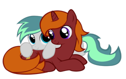 Size: 1024x648 | Tagged: safe, artist:symbianl, oc, oc only, license:cc-by-nc-nd, aeris, rockshire, shipping, snuggling