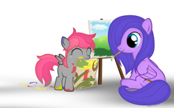 Size: 1024x640 | Tagged: safe, artist:symbianl, oc, oc only, oc:arcana pallette, oc:candy cloud, species:pegasus, species:pony, license:cc-by-nc-nd, artist, filly, painting