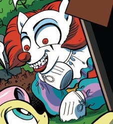 Size: 320x352 | Tagged: safe, artist:andypriceart, idw, character:fluttershy, clown, cosmic horror, cropped, grin, it, nightmare fuel, pennywise, ponywise, smiling, wide eyes