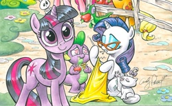 Size: 584x359 | Tagged: safe, artist:andypriceart, idw, character:angel bunny, character:applejack, character:gummy, character:opalescence, character:pinkie pie, character:rarity, character:spike, character:twilight sparkle, glasses