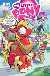 Size: 1100x1670 | Tagged: safe, artist:andypriceart, idw, official, official comic, character:apple bloom, character:big mcintosh, character:derpy hooves, character:pinkie pie, character:screwball, species:earth pony, species:pony, comic, cover, groucho mask, leg hug, mailmare, mailpony, male, stallion, sweetcream scoops