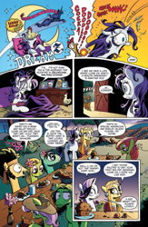 Size: 907x1395 | Tagged: safe, artist:andypriceart, idw, character:applejack, character:flax seed, character:opalescence, character:princess luna, character:rarity, character:spike, character:wheat grass, species:bird, species:chicken, charles manson, chicken on your head, comic, crescent moon, dream, helter skelter, hippie, messy mane, micro-series, moon, ponies to be named, sleeping, z