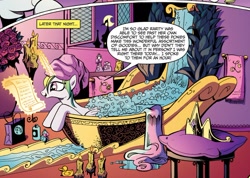 Size: 1048x747 | Tagged: safe, artist:andypriceart, idw, character:princess celestia, bath, bathtub, bubble, bubble bath, candle, idw micro series, leaning, magic, micro-series, open mouth, reading, scroll, smiling, telekinesis, tiara, towel, towel on head, wet mane, window