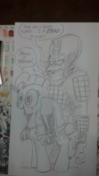 Size: 1024x1816 | Tagged: safe, artist:andypriceart, character:pinkie pie, andy you magnificent bastard, ape, dialogue, gorilla, planet of the apes, sketch, speech bubble, traditional art