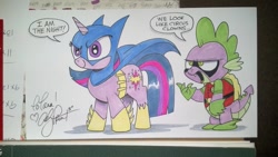 Size: 1023x577 | Tagged: safe, artist:andypriceart, idw, character:spike, character:twilight sparkle, species:dragon, batman, batmare, hilarious in hindsight, robin, traditional art