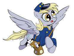 Size: 2500x1915 | Tagged: safe, artist:andypriceart, artist:kotanom, character:derpy hooves, species:pegasus, species:pony, bag, clothing, female, flying, hat, mail, mailbag, mailmare, mailpony, mare, simple background, solo, tongue out, transparent background, uniform, vector
