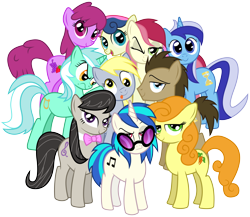 Size: 8000x6944 | Tagged: safe, artist:andypriceart, artist:masem, idw, character:berry punch, character:berryshine, character:bon bon, character:carrot top, character:derpy hooves, character:dj pon-3, character:doctor whooves, character:golden harvest, character:lyra heartstrings, character:minuette, character:octavia melody, character:roseluck, character:sweetie drops, character:time turner, character:vinyl scratch, species:earth pony, species:pegasus, species:pony, species:unicorn, absurd resolution, background pony, background six, background ten, bow tie, cutie mark, female, hooves, horn, idw showified, male, mare, one eye closed, open mouth, simple background, smiling, stallion, sunglasses, tongue out, transparent background, vector, wink