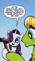 Size: 302x521 | Tagged: safe, artist:andypriceart, idw, official comic, character:rarity, buffy speak, hammer, hippie, tofu