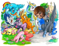 Size: 900x703 | Tagged: safe, artist:andypriceart, edit, character:applejack, character:fluttershy, character:pinkie pie, character:princess celestia, character:princess luna, character:rainbow dash, character:rarity, character:spike, character:twilight sparkle, armpits, care bears, creepy care bears girl, nightmare fuel