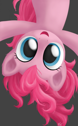 Size: 1280x2048 | Tagged: safe, artist:symbianl, character:pinkie pie, species:earth pony, species:pony, license:cc-by-nc-nd, female, gray background, looking at you, mare, simple background, solo, upside down