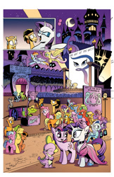 Size: 800x1236 | Tagged: safe, artist:andypriceart, artist:angieness, idw, character:applejack, character:flax seed, character:fluttershy, character:pinkie pie, character:rainbow dash, character:rarity, character:spike, character:twilight sparkle, character:twilight sparkle (unicorn), character:wheat grass, oc, oc:taralicious, species:dragon, species:earth pony, species:pegasus, species:pony, species:unicorn, art of the dress, background pony, canterlot, clean, clothing, comic, dress, eyes closed, female, flax seed looks at stuff, flying, horseshoe theater, jealous, male, mare, moon, mouth hold, night, observer (character), rarity logo, stallion, tara strong, tempeh, tofu, unnamed pony