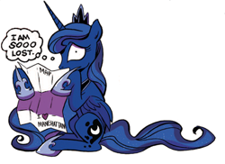 Size: 428x312 | Tagged: safe, artist:andypriceart, idw, official comic, character:princess luna, species:alicorn, species:pony, female, lost, map, mare, simple background, solo, the return of queen chrysalis, white background