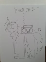 Size: 1024x1365 | Tagged: safe, artist:andypriceart, character:shining armor, species:pony, species:unicorn, boombox, boombox serenade, clothing, in your eyes, male, movie reference, peter gabriel, say anything, serenade, solo, song reference, stallion, traditional art, trenchcoat, unshorn fetlocks