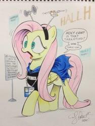 Size: 769x1024 | Tagged: safe, artist:andypriceart, character:fluttershy, badge, batman, cape, clothing, comic con, convention, costume, cowl, crossover, dialogue, enterprise, fan, fangirl, fringe, headband, id, parody, san diego comic con, sign, signature, solo, speech bubble, star trek, star trek (tos), star wars, tie fighter, traditional art