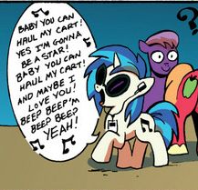 Size: 217x209 | Tagged: safe, artist:andypriceart, idw, character:dj pon-3, character:vinyl scratch, andy you magnificent bastard, creative nomad, lyrics, song reference, the beatles