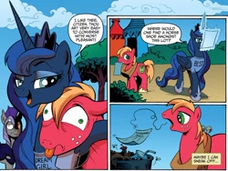 Size: 1012x761 | Tagged: safe, artist:andypriceart, idw, character:big mcintosh, character:princess luna, species:earth pony, species:pony, clothing, comic, magic shirt, male, night guard, stallion, t-shirt
