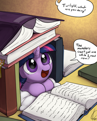 Size: 1600x2000 | Tagged: safe, artist:valcron, character:twilight sparkle, species:pony, species:unicorn, g4, adorkable, book, book fort, conversation, cute, dawwww, dialogue, dork, filly, filly twilight sparkle, foal, fort, pillow, prone, solo, that pony sure does love books, twiabetes, weapons-grade cute, younger