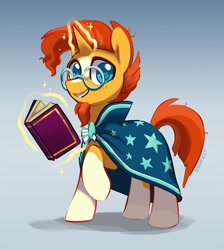 Size: 808x900 | Tagged: safe, artist:dawnfire, character:sunburst, species:pony, species:unicorn, g4, beard, cape, clothing, facial hair, glasses, looking at you, magic, raised hoof, smiling, solo, telekinesis
