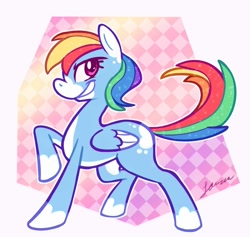 Size: 1280x1211 | Tagged: safe, artist:dog22322, character:rainbow dash, species:pegasus, species:pony, g4, alternate design, feathered wings, female, folded wings, grin, mare, solo, tail