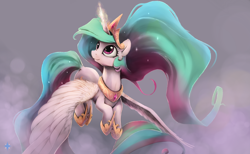 Size: 2600x1600 | Tagged: safe, artist:noctilucent-arts, character:princess celestia, species:alicorn, species:pony, g4, crown, cute, cutelestia, female, flying, glowing horn, jewelry, looking up, magic, majestic, mare, regalia, simple background, smiling, solo, spread wings, wings