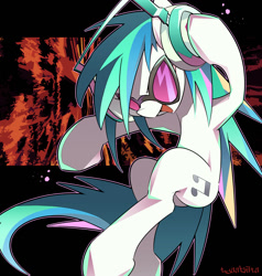 Size: 1200x1258 | Tagged: safe, artist:tyuubatu, character:dj pon-3, character:vinyl scratch, species:pony, species:unicorn, g4, female, headphones, jumping, mare, simple background, smiling, solo, sunglasses