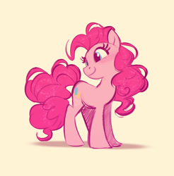 Size: 1200x1219 | Tagged: safe, artist:imalou, character:pinkie pie, species:earth pony, species:pony, g4, blushing, cute, diapinkes, female, happy, head tilt, looking back, mare, shadow, simple background, smiling, solo, tan background