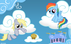 Size: 1920x1200 | Tagged: safe, artist:symbianl, character:derpy hooves, character:rainbow dash, license:cc-by-nc-nd, cloud, cloudsdale, cloudy, female, filly, filly derpy, filly rainbow dash, muffin, stuck, younger