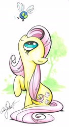 Size: 1470x2706 | Tagged: safe, artist:andypriceart, character:fluttershy, species:pegasus, species:pony, artwork, cute, female, looking up, mare, parasprite, raised hoof, signature, sitting, solo