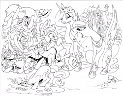 Size: 1406x1100 | Tagged: safe, artist:andypriceart, character:applejack, character:fluttershy, character:pinkie pie, character:princess celestia, character:princess luna, character:rainbow dash, character:rarity, character:spike, character:twilight sparkle, species:alicorn, species:dragon, species:earth pony, species:pegasus, species:pony, species:unicorn, black and white, blanket, female, grayscale, male, mane six, mare, monochrome, traditional royal canterlot voice