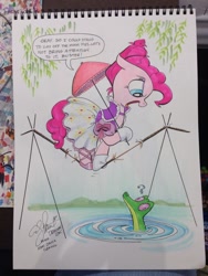 Size: 852x1136 | Tagged: safe, artist:andypriceart, character:gummy, character:pinkie pie, alternate hairstyle, balancing, clothing, moon pie, parody, stretching portrait, the haunted mansion, traditional art, umbrella