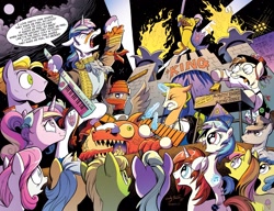 Size: 2080x1600 | Tagged: safe, artist:andypriceart, idw, official, character:diamond rose, character:dj pon-3, character:gizmo, character:lemony gem, character:princess cadance, character:shining armor, character:vinyl scratch, species:alicorn, species:earth pony, species:pegasus, species:pony, species:unicorn, 33 1-3 lp, 8-bit (character), 80s, adam ant, andy you magnificent bastard, boy george, buck withers, cowbell, cutiespark, danny elfman, devo, drum kit, drums, energy dome, female, ferris bueller's day off, filly, filly vinyl scratch, frankie goes to hollywood, gaffer, keytar, little girls, long play, lyrics, male, musical instrument, neigh anything, new wave, observer (character), oingo boingo, revenge of the nerds, song reference, spread wings, stallion, sweetcream scoops, teary eyes, the mystic knights of the electric stable, unnamed character, unnamed pony, wings