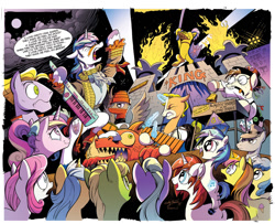 Size: 1024x831 | Tagged: safe, artist:andypriceart, artist:angieness, idw, official, character:diamond rose, character:dj pon-3, character:gizmo, character:lemony gem, character:princess cadance, character:shining armor, character:vinyl scratch, species:alicorn, species:earth pony, species:pegasus, species:pony, species:unicorn, 33 1-3 lp, 8-bit (character), 80s, adam ant, andy you magnificent bastard, background pony, boy george, buck withers, cowbell, cutiespark, danny elfman, devo, drum kit, drums, energy dome, female, ferris bueller's day off, filly, filly vinyl scratch, frankie goes to hollywood, gaffer, keytar, little girls, long play, lyrics, male, mare, musical instrument, neigh anything, new wave, observer (character), oingo boingo, revenge of the nerds, song reference, spread wings, stallion, sweetcream scoops, teary eyes, text, the mystic knights of the electric stable, unnamed character, unnamed pony, wings, younger