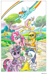 Size: 584x918 | Tagged: safe, artist:andypriceart, official, character:angel bunny, character:applejack, character:fluttershy, character:gummy, character:opalescence, character:pinkie pie, character:rainbow dash, character:rarity, character:spike, character:twilight sparkle, glasses, mane seven
