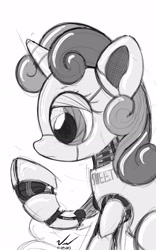 Size: 1600x2560 | Tagged: safe, artist:symbianl, character:sweetie belle, species:pony, species:unicorn, sweetie bot, license:cc-by-nc-nd, black and white, female, filly, foal, grayscale, hooves, horn, monochrome, robot, robot pony, simple background, solo, species swap, white background
