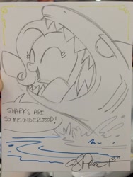 Size: 769x1024 | Tagged: safe, artist:andypriceart, character:fluttershy, species:pegasus, species:pony, animal, cute, eaten alive, eyes closed, female, flutterprey, glare, mare, open mouth, partial color, predation, shark, shyabetes, smiling, traditional art, vore, wat, water