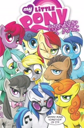 Size: 2063x3131 | Tagged: safe, artist:andypriceart, idw, character:berry punch, character:berryshine, character:bon bon, character:carrot top, character:derpy hooves, character:dj pon-3, character:doctor whooves, character:golden harvest, character:lyra heartstrings, character:minuette, character:octavia melody, character:roseluck, character:sweetie drops, character:time turner, character:vinyl scratch, species:earth pony, species:pegasus, species:pony, species:unicorn, amused, andy you magnificent bastard, background pony, background six, background ten, bon bon is amused, bow tie, comic, cover, dialogue, dreamworks face, female, lidded eyes, lyra is not amused, male, mare, one eye closed, red eyes, speech bubble, stallion, tongue out, unamused, when she speaks, wink