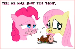 Size: 1119x745 | Tagged: safe, artist:andypriceart, character:fluttershy, character:pinkie pie, ham, meat, ponies eating meat, recolor, this will end in sickness