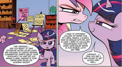 Size: 804x442 | Tagged: safe, artist:andypriceart, idw, official comic, character:princess cadance, character:twilight sparkle, character:twilight sparkle (unicorn), species:alicorn, species:pony, species:unicorn, adorkable, chart, charts and graphs, comic, cropped, cute, dialogue, dork, elephant, female, filly, filly twilight sparkle, gecko, graph, mare, my tiny gecko, neigh anything, nose to nose, speech bubble, twilight being twilight, younger