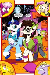 Size: 1964x2964 | Tagged: safe, artist:andypriceart, idw, character:cheerilee, character:gizmo, character:mayor mare, character:shining armor, species:earth pony, species:pegasus, species:pony, species:unicorn, 80s, 80s cheerilee, background pony, balloon, basketball net, bow, buck withers, clothing, crossdressing, dancing, disco ball, do not want, drag queen, dress, ear clip, female, flank thrasher, floppy ears, frown, glasses, grin, gritted teeth, hair bow, heart, heart eyes, lipstick, male, mane bow, misspelling, neigh anything, open mouth, raised eyebrow, smiling, unnamed pony, varying degrees of want, wide eyes