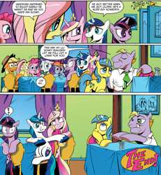 Size: 1037x1121 | Tagged: safe, artist:andypriceart, idw, official comic, character:applejack, character:fluttershy, character:lemony gem, character:pinkie pie, character:princess cadance, character:rainbow dash, character:rarity, character:shining armor, character:twilight sparkle, species:alicorn, species:earth pony, species:pegasus, species:pony, species:unicorn, buck withers, clothing, comic, dialogue, faec, female, male, mane six, mare, neigh anything, shirt, speech bubble, stallion, wink