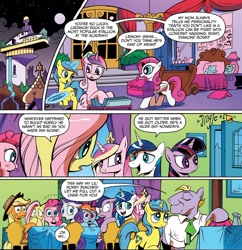 Size: 1040x1075 | Tagged: safe, artist:andypriceart, idw, official comic, character:applejack, character:diamond rose, character:fluttershy, character:lemony gem, character:pinkie pie, character:princess cadance, character:rainbow dash, character:rarity, character:shining armor, character:twilight sparkle, species:alicorn, species:earth pony, species:pegasus, species:pony, species:unicorn, architecture, background pony, bed, buck withers, caboodles, clothing, comic, dialogue, doorbell, faec, female, levitation, magic, male, mane six, mare, mouth hold, necktie, neigh anything, record, shirt, speech bubble, stallion, teddy bear, telekinesis, the hoof beats