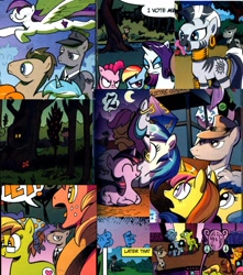 Size: 954x1080 | Tagged: safe, artist:andypriceart, idw, character:big mcintosh, character:bittersweet, character:dj pon-3, character:doctor whooves, character:pinkie pie, character:rainbow dash, character:rarity, character:scootaloo, character:sugar grape, character:time turner, character:twilight sparkle, character:vinyl scratch, character:zecora, species:earth pony, species:pegasus, species:pony, species:unicorn, species:zebra, blue eyes, brown eyes, button, clothing, comic, cutie mark, dice, fedora, freckles, glowing eyes, gray eyes, hat, no mane, observer, observer (character), orange eyes, peace symbol, purple eyes, sweetcream scoops, tree