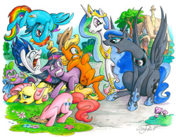 Size: 900x703 | Tagged: safe, artist:andypriceart, character:applejack, character:fluttershy, character:pinkie pie, character:princess celestia, character:princess luna, character:rainbow dash, character:rarity, character:spike, character:twilight sparkle, species:alicorn, species:dragon, species:earth pony, species:pegasus, species:pony, species:unicorn, blanket, crying, faec, female, gritted teeth, lip bite, male, mane seven, mane six, mare, open mouth, princess, scared, sitting, spread wings, surprised, traditional art, traditional royal canterlot voice, underhoof, windswept mane, windy, wings, wink, yelling