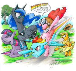 Size: 900x848 | Tagged: safe, artist:andypriceart, character:applejack, character:pinkie pie, character:princess luna, character:rainbow dash, character:twilight sparkle, character:twilight sparkle (unicorn), species:alicorn, species:earth pony, species:pegasus, species:pony, species:unicorn, censored vulgarity, facehoof, female, flying, goggles, grawlixes, mare, ponies riding ponies, traditional art, underhoof, vulgar