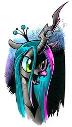 Size: 641x1128 | Tagged: safe, artist:andypriceart, character:queen chrysalis, species:changeling, g4, bust, changeling queen, fangs, female, frown, open mouth, portrait, smiling, solo, traditional art