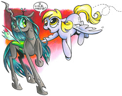 Size: 900x705 | Tagged: safe, artist:andypriceart, character:derpy hooves, character:queen chrysalis, species:changeling, species:pegasus, species:pony, g4, changeling queen, cheeselegs, cute, cutealis, female, flying, mare, unamused