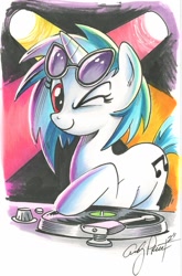 Size: 993x1504 | Tagged: safe, artist:andypriceart, character:dj pon-3, character:vinyl scratch, species:pony, species:unicorn, g4, female, mare, record, solo, sunglasses, traditional art, turntable, wink