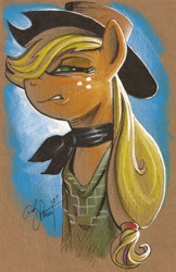 Size: 900x1389 | Tagged: safe, artist:andypriceart, character:applejack, species:earth pony, species:pony, blondie, clothing, female, grimace, mare, solo, squint, squintjack, the man with no name, the pony with no name, traditional art
