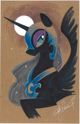 Size: 1086x1674 | Tagged: safe, artist:andypriceart, character:nightmare moon, character:princess luna, species:alicorn, species:pony, g4, female, mare, moon, profile, smiling, solo, traditional art