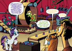 Size: 911x638 | Tagged: safe, artist:andypriceart, edit, idw, character:flax seed, character:rarity, character:wheat grass, species:chicken, comic, text edit